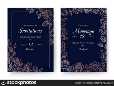 Wedding invitation. Floral wedding cards with rose frame in victorian engraving style. Vintage vector flyers. Wedding invitation poster in black colored, border floral frame illustration. Wedding invitation. Floral wedding cards with rose frame in victorian engraving style. Vintage vector flyers