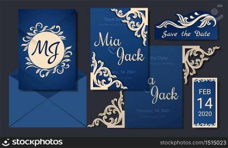 Wedding invitation, greeting card with vintage ornament. Paper lace envelope template. Wedding invitation for laser cutting. vector invitation card template. Vector EPS10.