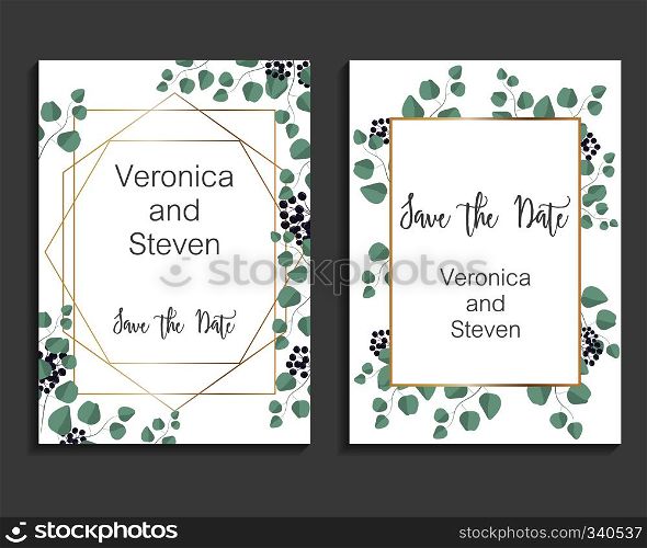 Wedding Invitation, leaves invite card. Design with eucalyptus branches and viburnum tinus