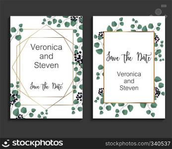 Wedding Invitation, leaves invite card. Design with eucalyptus branches and viburnum tinus