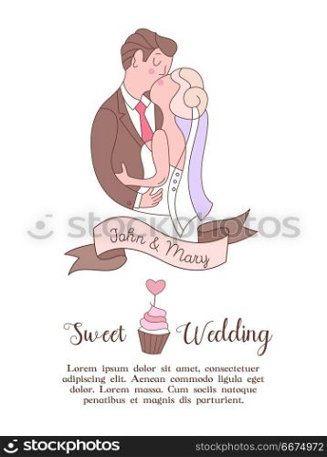 Wedding invitation. Lovely wedding card with the bride and groom. Wedding invitation. Happy weddings. Beautiful wedding card with kisses of the bride and groom. Vector illustration with space for text.