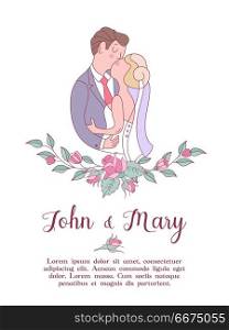 Wedding invitation. Lovely wedding card with the bride and groom. Wedding invitation. Happy weddings. Beautiful wedding card with kissing groom and bride. Vector illustration with space for text decorated with delicate wedding flowers.