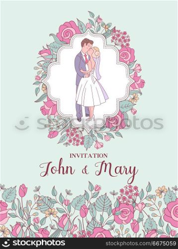 Wedding invitation. Lovely wedding card with the bride and groom. Wedding invitation. Happy weddings. Beautiful wedding card with kissing groom and bride. Vector illustration with space for text decorated with delicate wedding flowers.