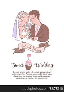 Wedding invitation. Lovely wedding card with the bride and groom. Wedding invitation. Happy weddings. Beautiful wedding card with bride and groom exchanging wedding rings.Vector illustration with space for text.