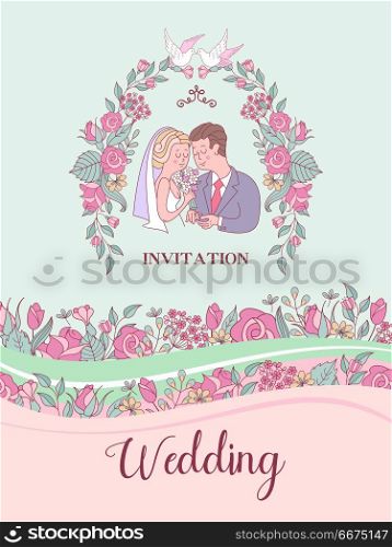Wedding invitation. Lovely wedding card with the bride and groom. Wedding invitation. Happy weddings. Beautiful wedding card with bride and groom exchanging wedding rings.Vector illustration with space for text decorated with delicate wedding flowers.