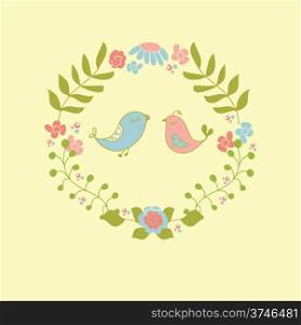 Wedding invitation or greeting card design with cute floral wreath and birds couple.