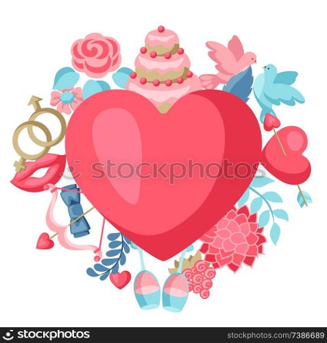 Wedding invitation or greeting card. Marriage background with romantic items.. Wedding invitation or greeting card.