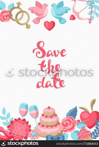 Wedding invitation or greeting card. Marriage background with romantic items.. Wedding invitation or greeting card.