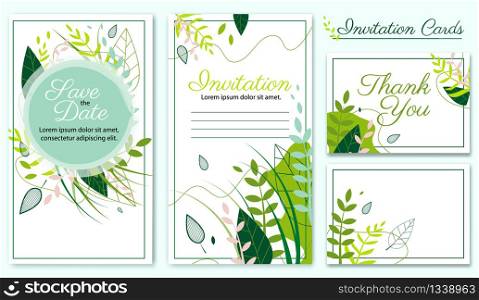 Wedding Invitation, Save Date, Floral Thank You Modern Card Design Flat Cartoon Vector Illustration. Green Tropical Leaves, Greenery Eucalyptus Branches, Plant Elements. Place for Text.
