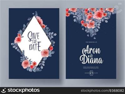 Wedding invitation set of watercolor flower and leaf