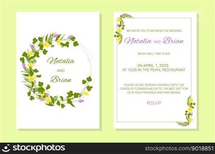 Wedding invitation template. Flower frame and text. The inscription is decorated with a wreath of flowers. Lilac, blue. pink, green colors. Vector illustration.           