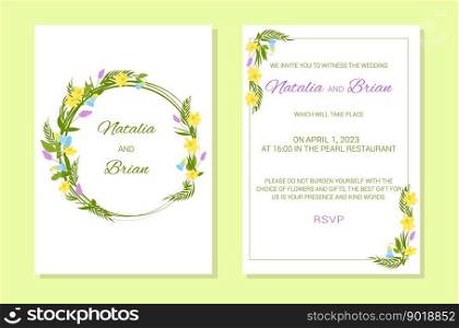 Wedding invitation template. Flower frame and text. The inscription is decorated with a wreath of flowers. Lilac, blue. pink, green colors. Vector illustration.           