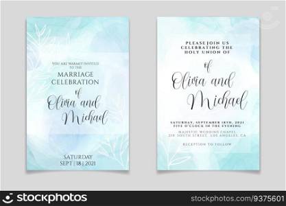 Wedding invitation template on pastel cyan liquid marble watercolor background with white branches and frame. Teal mint marbled alcohol ink drawing effect. Vector illustration of romantic card design.. Wedding invitation template on pastel cyan liquid marble watercolor background with white branches and frame. Teal mint marbled alcohol ink drawing effect. Vector illustration of romantic card design