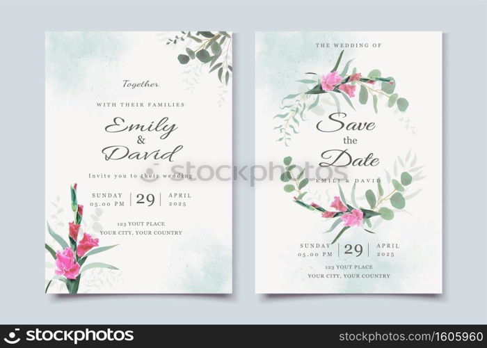 Wedding invitation template with gladiorus flower and eucalyptus leaves, watercolor background
