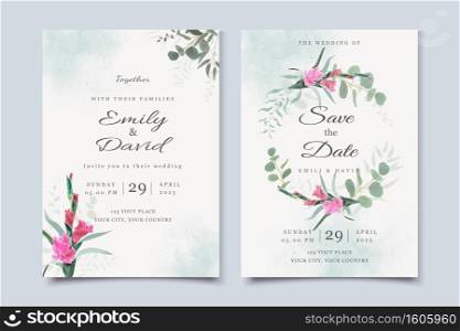 Wedding invitation template with gladiorus flower and eucalyptus leaves, watercolor background