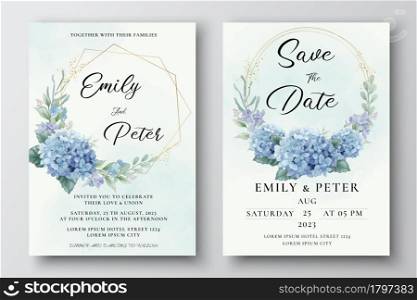 Wedding invitation template with watercolor blue hydrangea flowers and eucalyptus leaves