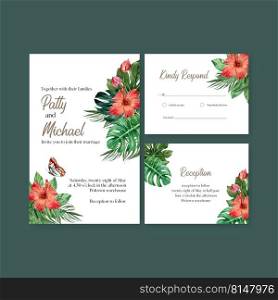 Wedding Invitation watercolor design with beautiful tropical theme, creative vector illustration. 