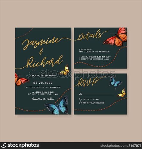 Wedding Invitation watercolor design with butterflies, dark-blue background and elegant foreground.