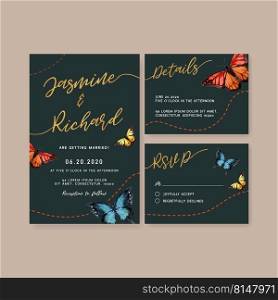 Wedding Invitation watercolor design with butterflies, dark-blue background and elegant foreground.