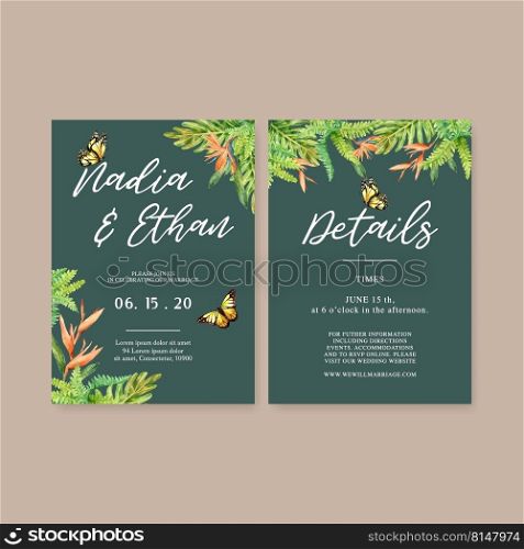 Wedding Invitation watercolor design with fern and butterfly concept, creative vector illustration.