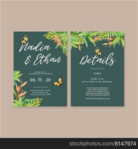 Wedding Invitation watercolor design with fern and butterfly concept, creative vector illustration.