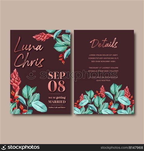 Wedding Invitation watercolor design with ginger flowers, mysterious illustration template. 
