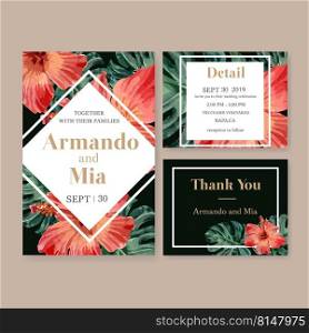 Wedding Invitation watercolor design with hibiscus and monstera, contrast color vector illustration 
