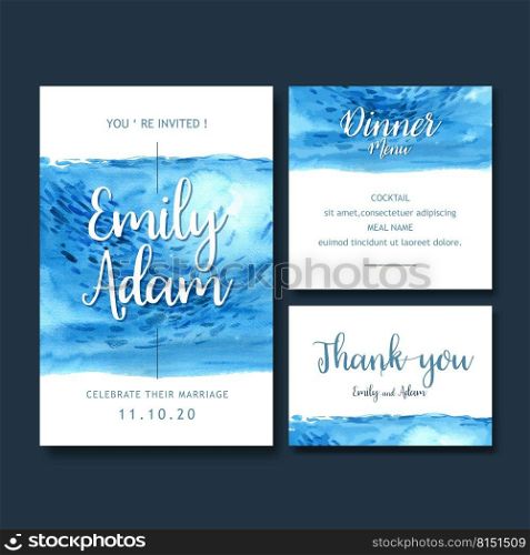 Wedding Invitation watercolor design with light blue theme, white background vector illustration 