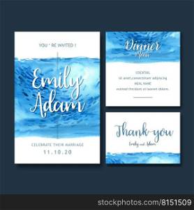 Wedding Invitation watercolor design with light blue theme, white background vector illustration 