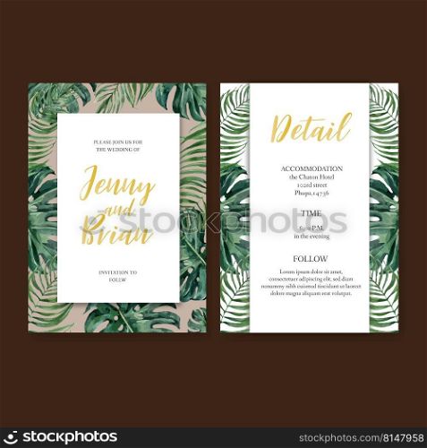 Wedding Invitation watercolor design with monstera and palm leaves, beige background illustration 