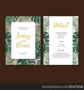 Wedding Invitation watercolor design with monstera and palm leaves, beige background illustration 