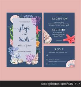 Wedding Invitation watercolor design with sea animal frame, blue background vector illustration 
