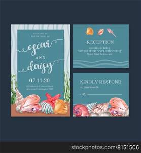 Wedding Invitation watercolor design with starfish and shells concept, colorful vector illustration 