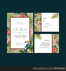 Wedding Invitation watercolor design with Toucan, palm leaves and Hibiscus illustration template. 