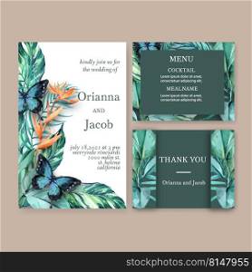 Wedding Invitation watercolor design with tropical leaves and butterfly, cool-toned illustration.