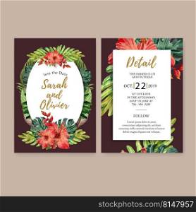 Wedding Invitation watercolor design with tropical leaves and flowers, deep red background.