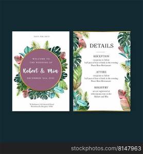 Wedding Invitation watercolor design with tropical theme, colorful leaves with gold circular. 