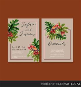Wedding Invitation watercolor design with tropical theme, parrot with foliage illustration 