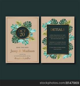 Wedding Invitation watercolor design with tropical theme, vector illustration with leaves as frame.