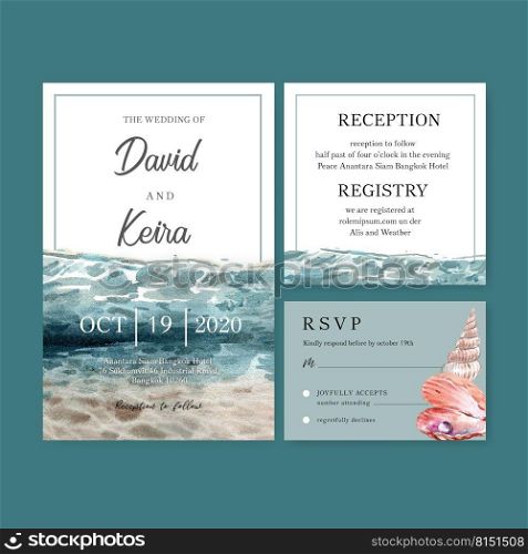 Wedding Invitation watercolor design with under water, bright color vector illustration template.