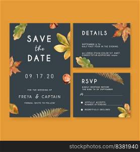 Wedding Invitation watercolour design with  Autumn theme, vector illustration with frame