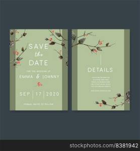 Wedding Invitation watercolour design with forest theme, vibrant vector illustration 