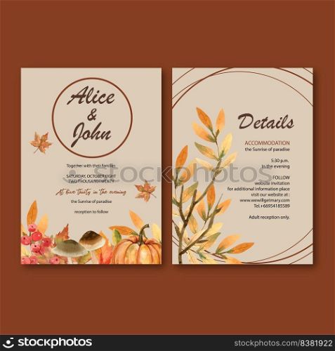 Wedding Invitation watercolour design with gentle Autumn theme, warm vector illustration 