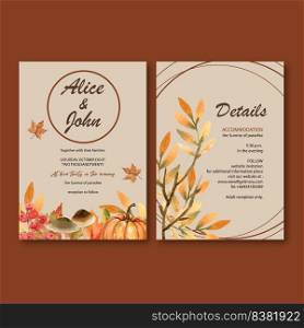 Wedding Invitation watercolour design with gentle Autumn theme, warm vector illustration 