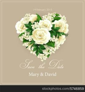 Wedding invitation with a heart of flowers. Vector illustration