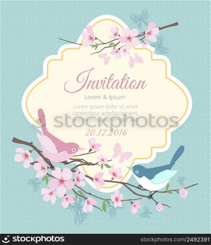 Wedding invitation with birds and flowering branches. Flower spring, floral and event. Vector illustration. Wedding invitation with birds and flowering branches