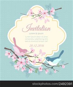 Wedding invitation with birds and flowering branches. Flower spring, floral and event. Vector illustration. Wedding invitation with birds and flowering branches