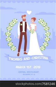 Wedding invitation with couple of newlyweds with signed names date and address of celebration flat vector illustration