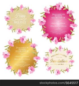 Wedding invitation with floral wreath over dotted background. Vector illustration.