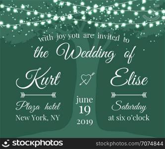 Wedding Invitation with tree and light garlands. Banner wedding invitation. Vector illustration. Wedding Invitation with tree and light garlands
